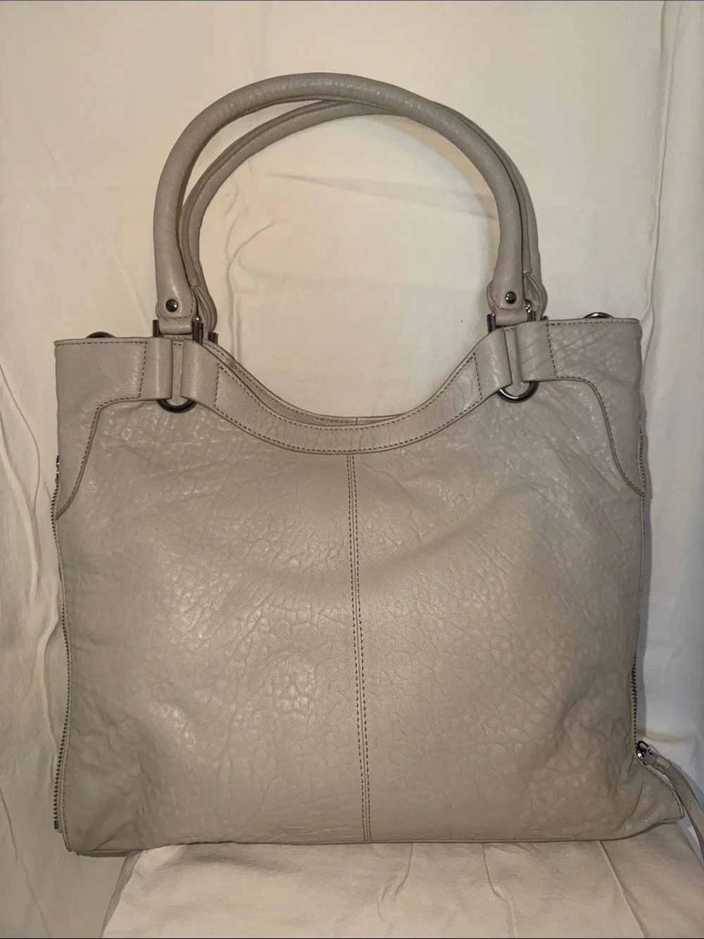 Vince Camuto Taupe Leather Tote with Front Zip Pocket